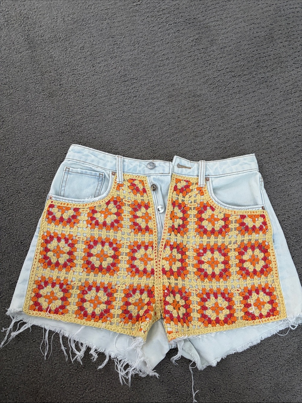 wild fable Light Wash Denim Shorts with Yellow & Orange Crochet Panels